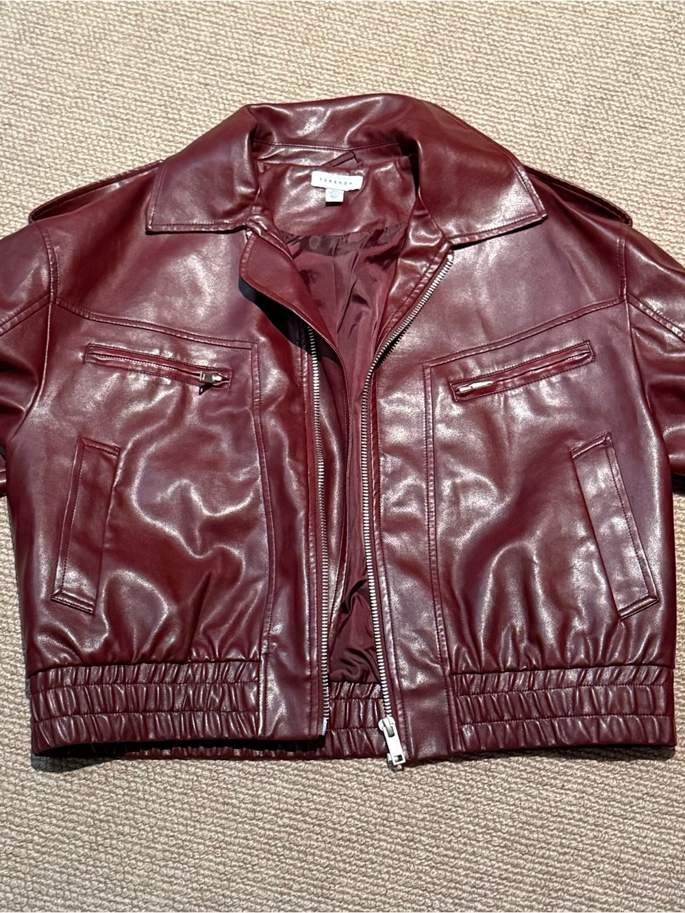 Topshop women’s Burgundy faux Leather Bomber Jacket. Size small (US 4-6)